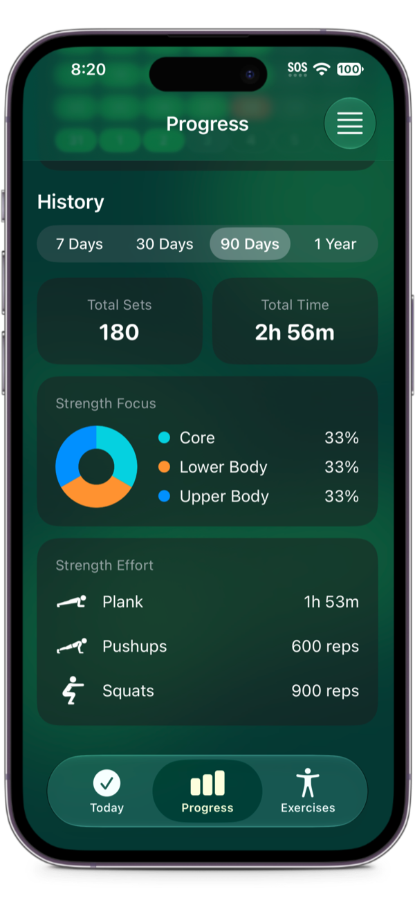 Progress: totals and strength focus by area