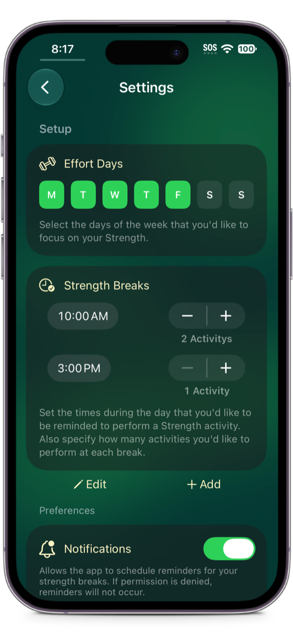 Settings: effort days and strength alerts